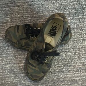 Vans Green Camouflage Shoes with Black Accents, Size 5.5